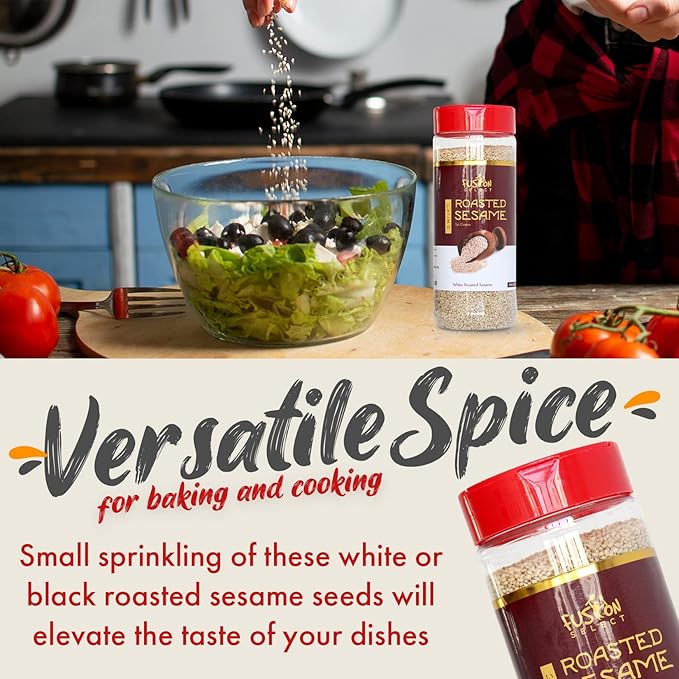 Fusion Select Roasted White Sesame Seeds - Natural Toasted Sesame Seeds - Crispy, Crunchy, Nutty Taste for Asian, Mediterranean & Middle Eastern Cuisine - Salad, Soup, Noodle & Sushi Topping