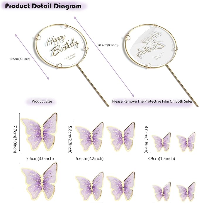10-Pieces Purple Gold Butterfly Cake Toppers Happy Birthday 1-Metal Gold Birthday Cake Butterfly Party Decorations