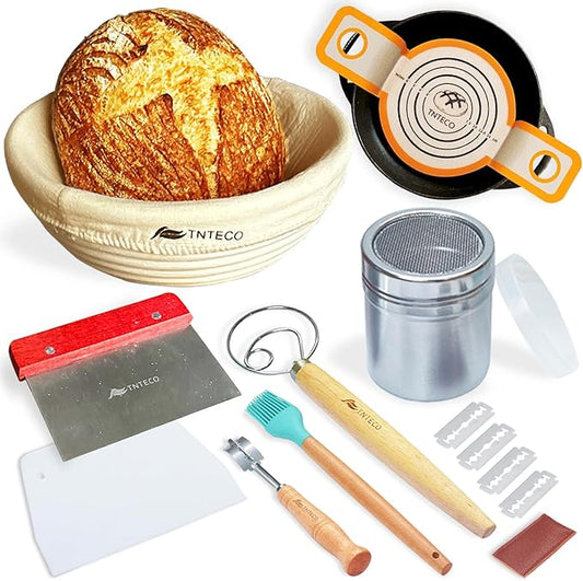 Banneton Bread Proofing Basket, Sourdough Bread Baking Supplies, Sourdough Starter Kit with 9 Inch Banneton Baskets, Silicone Bread Sling, 5 Bread Lame, Scoring Lame, Scraper, Dough Whisk