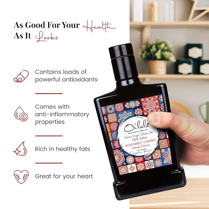 Oilala Extra Virgin Olive Oil, Robust Flavor, High Polyphenols, 707 mg/kg London IOOC Gold Medal! filtered, ,Italian Family Farm Puglia, Italy, Coratina, 2024/25 Harvest, Polyphenol rich, 500ml (16.9 FL Oz)