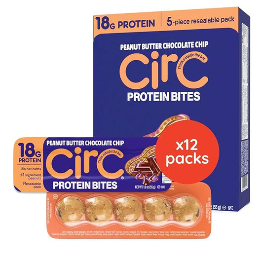 CirC Protein Bites - 12 Count Peanut Butter Chocolate Chip High Energy Balls - 18g of protein 4g of Collagen, 5g of net carbs, Whey & Peanuts - Portable Healthy Snacks in 5-Piece Resealable Packs