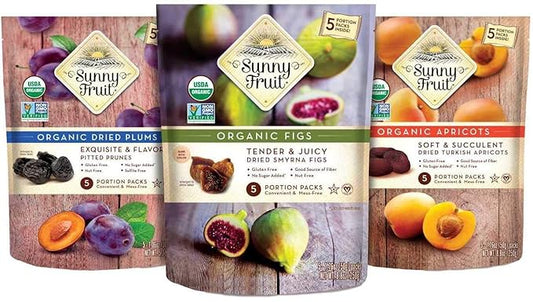 Sunny Fruit Organic Dried Fruit Assortment - Prunes, Figs & Apricots Variety, 3 Bags (15 Individual Portion Packs) | No Preservatives, No Sugar Added | ORGANIC, NON-GMO, VEGAN, HALAL, KOSHER