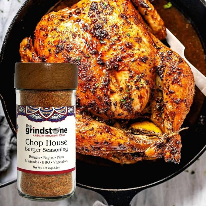 The Grindstone, Salt-Free Chop House Burger Seasoning, Spice mix for Burgers, BBQ, Veggies, Pasta, Grilling, 3 oz. Glass Jar with Sifter, Pack of 2
