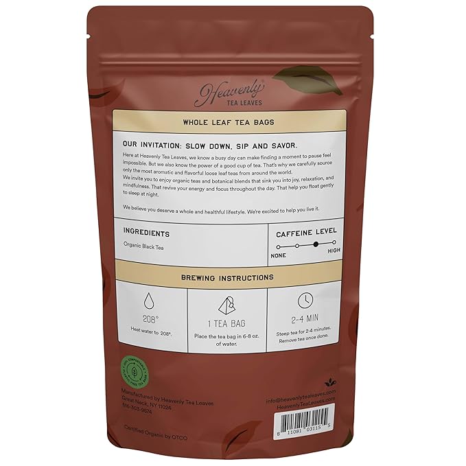 Heavenly Tea Leaves Organic English Breakfast (50 Pyramid Tea Bags), Bulk Compostable Black Tea Sachets - 100% Plastic Free, Premium Quality, Whole Tea Leaves in a Convenient Tea Bag