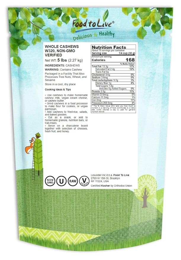 Food to Live - Raw Cashews, 5 Pounds ??Deluxe Whole Nuts, Unsalted, Unroasted Fancy Snack, Size W-320, Kosher, Vegan, Bulk, Rich in Magnesium