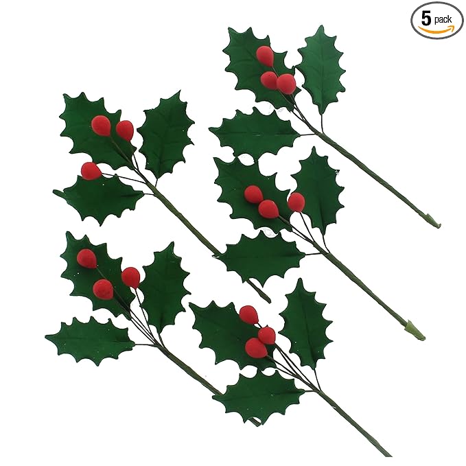 Global Sugar Art Christmas Cake Holly, 3-Leaf Sugar Cake Flower Spray, 5 Count by Chef Alan Tetreault