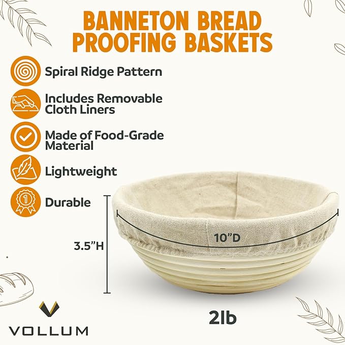 Banneton Bread Proofing Basket Sourdough Proofing Basket for Beginner & Professional Bakers, Handwoven Rattan Cane Bread Maker with Linen for Artisan Breads, 10 x 3.5 In, 2-Pound Round Brotform