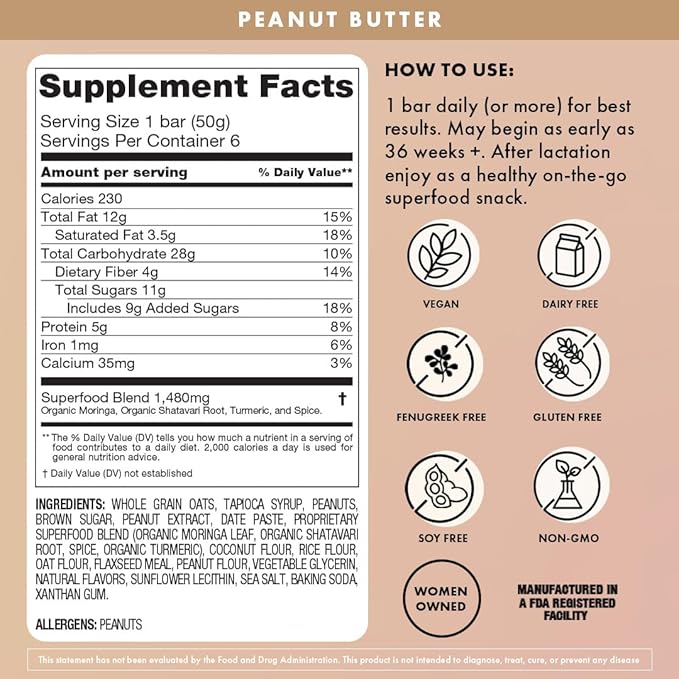 Boobie Bar Superfood Peanut Butter Lactation Bar for Breastfeeding Moms to Increase Milk Supply | #1 Selling Lactation Snack Bars | Vegan, Fenugreek-Free, Gluten-Free, Dairy-Free (7 Bars)