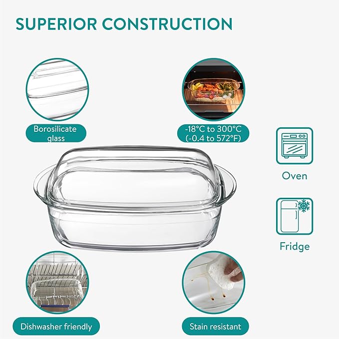 Navaris Rectangular Glass Casserole Dish - 4.5L Capacity for Heat and Cold - Oven Proof Casserole Dishes with Lids - Hob to Oven Ideal for Baking and Serving - Microwave Cookware