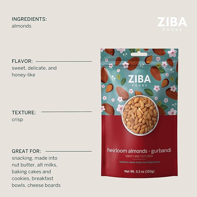 Ziba Foods Heirloom Gurbandi Raw Almonds | Non-GMO, Vegan, Whole 30 Friendly, Keto & Paleo | Heirloom Superfood Naturally High In Vegan Protein & Omega 3s, 5.3 lbs