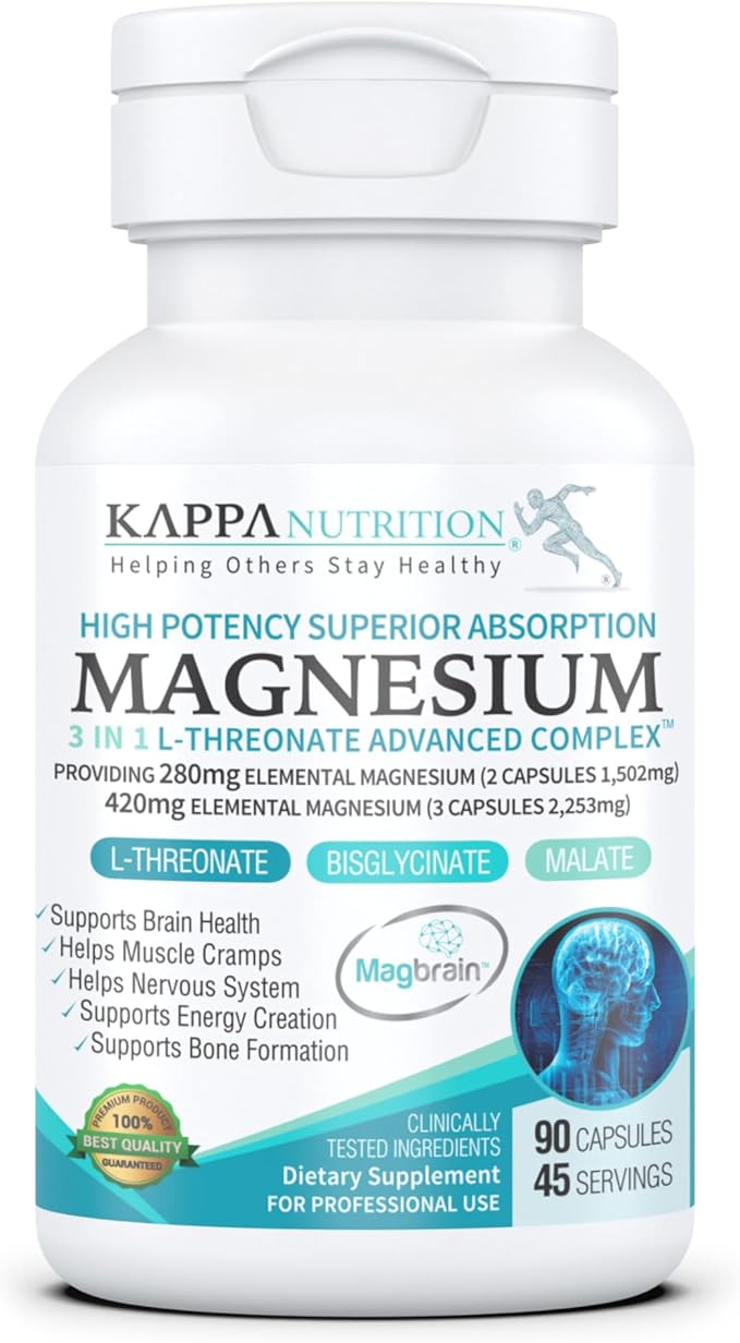 Kappa Nutrition Magbrain??Magnesium L-Threonate Plant-Based, 420mg Elemental Magnesium (3 Capsules) from 2,253mg, 90 Vegan Capsules, Brain, Sleep & Muscle Support.