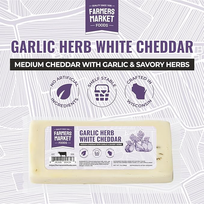 Farmers Market, Gluten Free, Keto, Paleo, Low Sodium, Zero Sugar, Wisconsin Cheese Gift Sets, 1-Pack, Garlic Herb White Cheddar