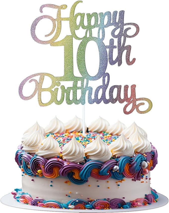 10th Happy Birthday Cake Topper, Glitter Happy 10th Birthday Cake Topper for Birthday Party Cake Decoration(Rainbow Color)