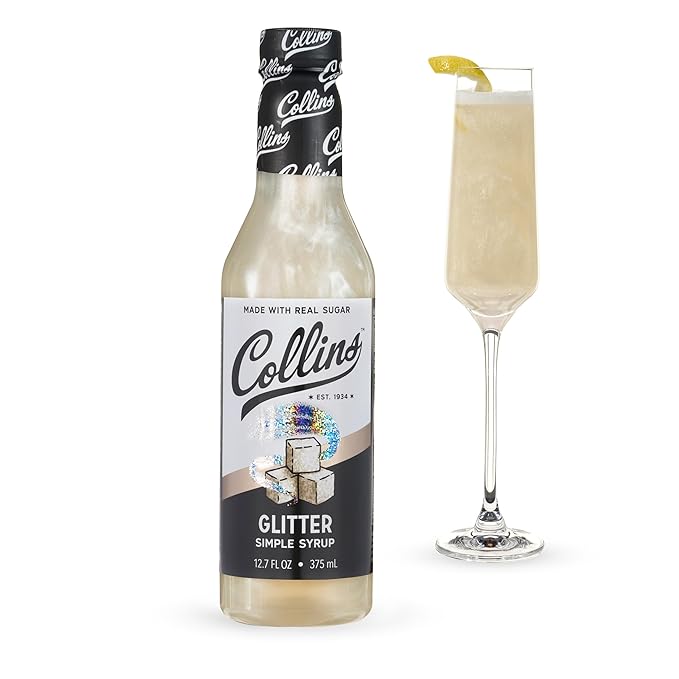 Collins Glitter Simple Syrup, Sparkle Cocktail Mixer with Edible Shimmer, Made with Real Sugar, No High-Fructose Corn Syrup, Ideal for Festive Cocktails and Mocktails, Party Essentials, 12.7 oz
