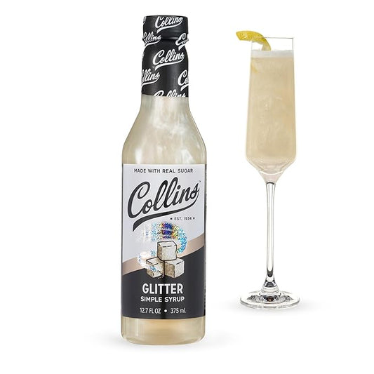 Collins Glitter Simple Syrup, Sparkle Cocktail Mixer with Edible Shimmer, Made with Real Sugar, No High-Fructose Corn Syrup, Ideal for Festive Cocktails and Mocktails, Party Essentials, 12.7 oz