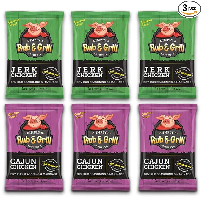 Dimply's Cajun and Jerk Seasoning Mix, Marinade and Dry Rub Perfect for Chicken, Meat, Vegetables, Tofu - Gluten Free, Preservative Free and MSG Free - Vegan Friendly (3 pack each and 6 ounce)