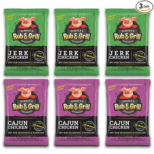 Dimply's Cajun and Jerk Seasoning Mix, Marinade and Dry Rub Perfect for Chicken, Meat, Vegetables, Tofu - Gluten Free, Preservative Free and MSG Free - Vegan Friendly (3 pack each and 6 ounce)