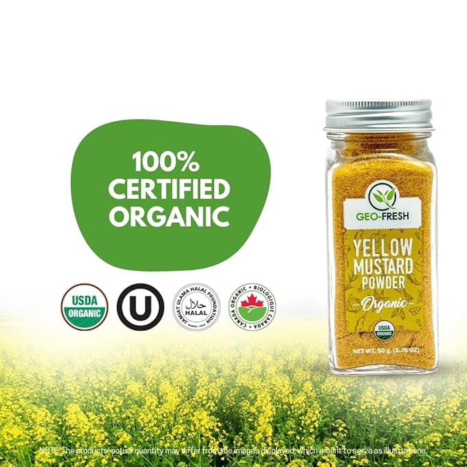 Geo-Fresh Organic Yellow Mustard Powder 1.76 oz - Dry Mustard Powder for Cooking - Ground Yellow Mustard Seed - Stone Ground Mustard - USDA Certified Organic, Non-GMO, Gluten-Free