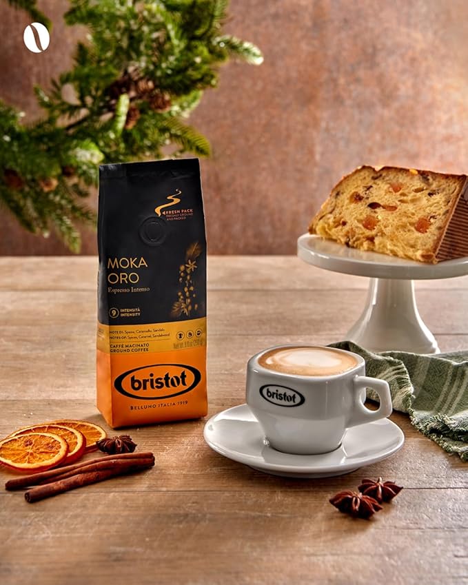 Bristot Moka Oro Ground Coffee | Italian Ground Espresso | Medium Roast | For Moka, French Press, Pour Over | 8.8oz/250g