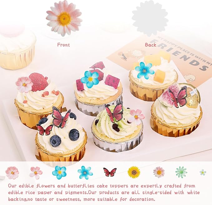 55 Pcs Edible Flowers Cake Decorations - Edible Wafer Paper Flowers & Butterflies Cupcake Toppers for Wedding Birthday Party Cake Decorating (Mixed Size & Colour)