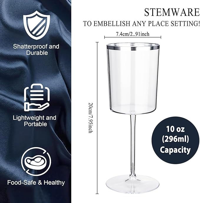 Ciaell 12 Pack Plastic Wine Glasses - 10 Oz Plastic Wine Glasses with Stem - Square Silver Disposable Stemmed Glass for Parties & Weddings & Outdoors