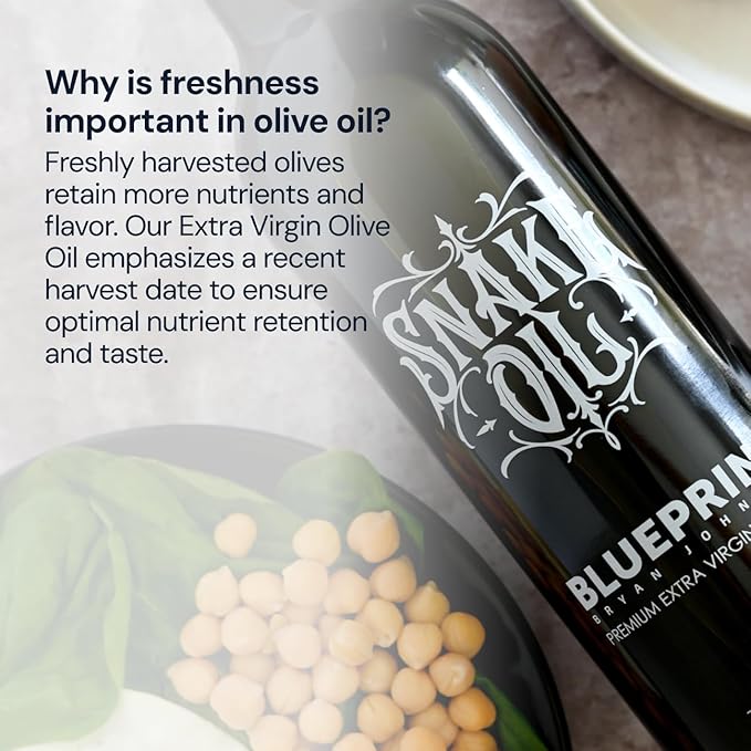 Blueprint by Bryan Johnson Olive Oil ??Snake Oil- High Polyphenol Extra Virgin Olive Oil (400+ mg/kg) ??Cold Pressed, Early Harvest, First Cold Press EVOO ??Keto, Paleo, Non-GMO ??2 Pack - 750ml Glass Bottle