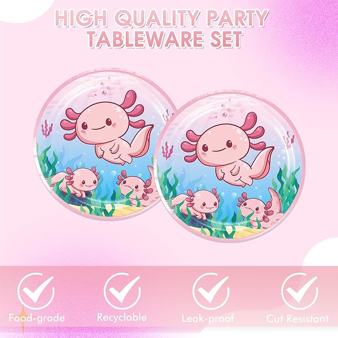 40Pcs Pink Cartoon Axolotl Birthday Party Decorations Reptile Animals Party Tableware Set Axolotl Party Paper Plates and Napkin訝쭮oys Girls Birthday,Baby Shower Axolotl Theme Party Supplies,Serve 20