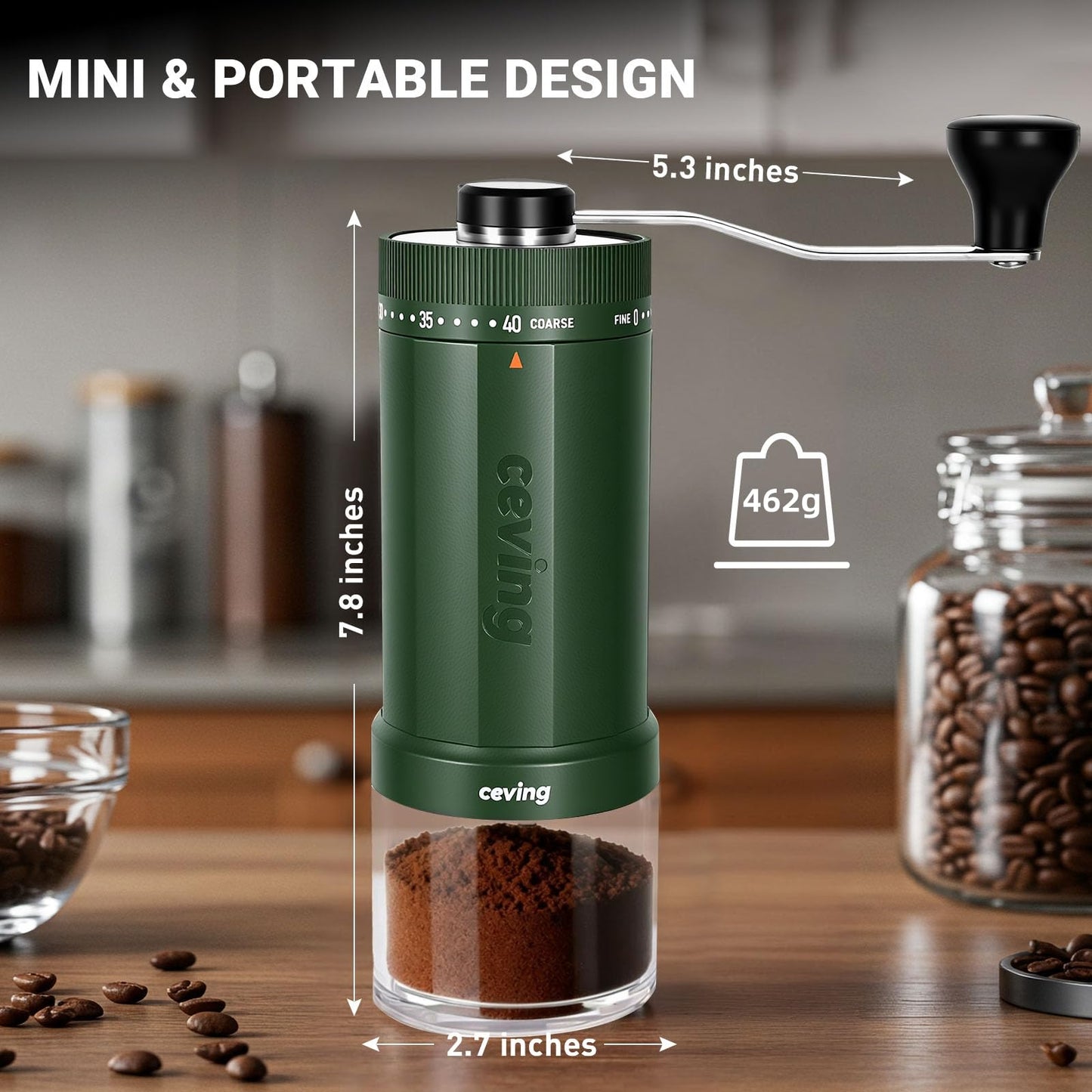CEVING World's First 60g Large Capacity Manual Coffee Grinder, Green