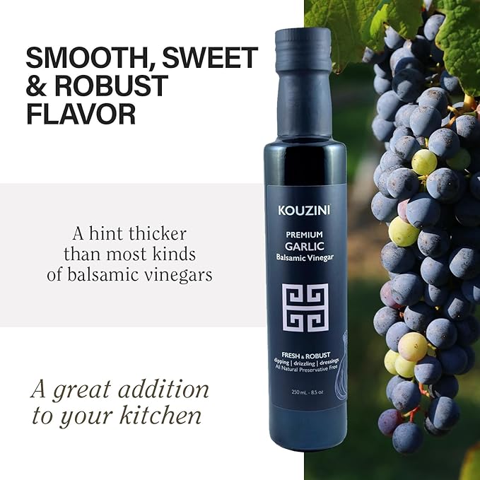 Kouzini Ultra Premium Garlic Balsamic Vinegar, Aged Balsamic Vinegars from Modena, Italy, Premium, Smooth & Full-Bodied Flavor, 250ml Bottle