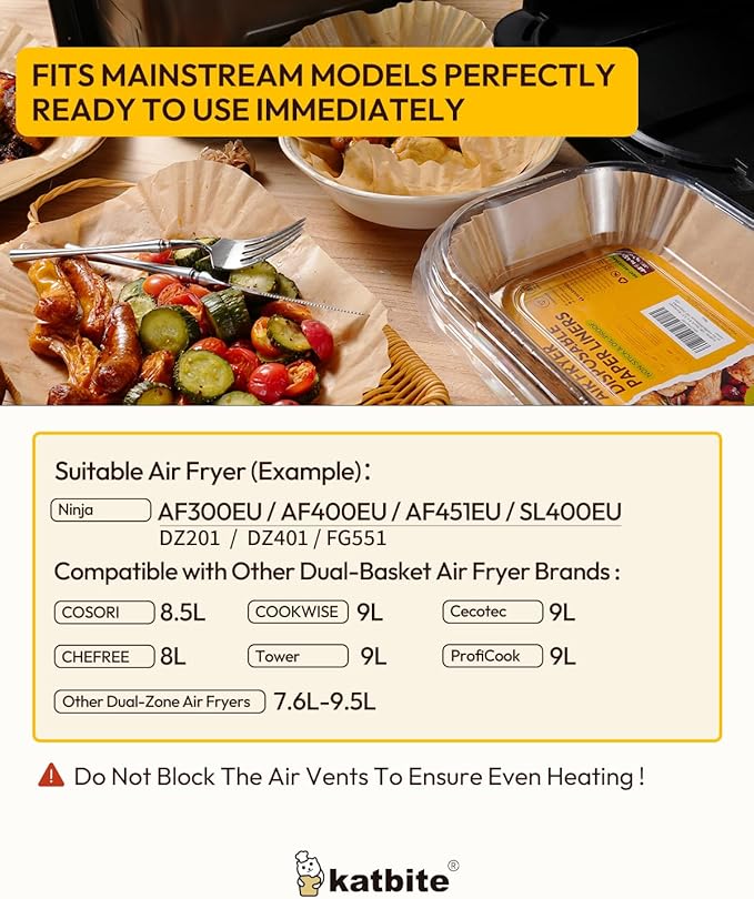 Katbite Air Fryer Liners Disposable - 100PCS, 8x5.5'' Rectangle Liners for Air Fryer Basket, Thick Air Fryer Parchment Paper Liners for Ninja Dual Airfryer Accessories, DZ201, DZ401, FG551