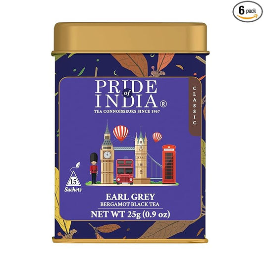 Pride of India | PACK of 6 - Earl Grey Bergamot Black Tea | 15 Pyramid Full Leaf Individually Wrapped Tea Bags | Full-Bodied, Citrusy Flavor | Single Estate Certified Tea | High Caffeine