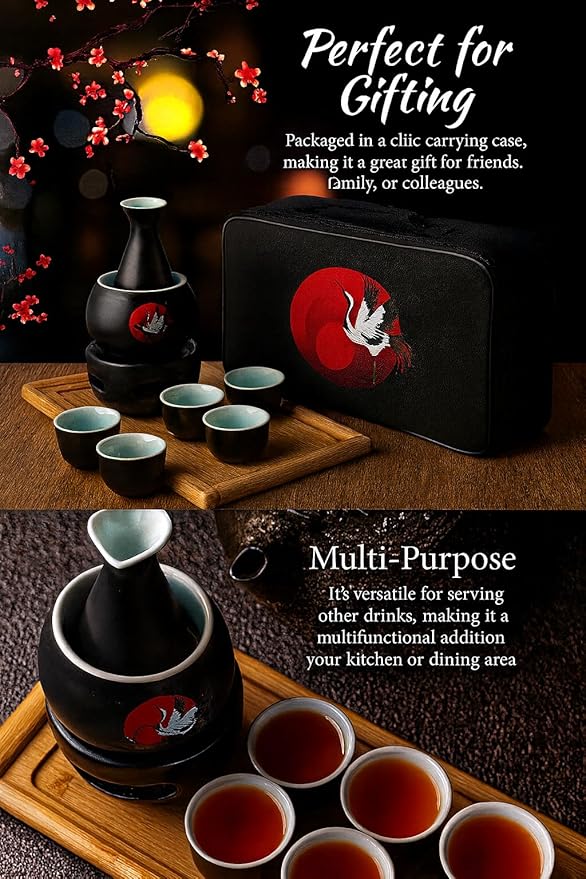 Japanese Sake Cup Set with 6 Ceramic Cups, 1 Ceramic Sake Bottle, 1 Ceramic Sake Warmer, Bamboo Tray, and Cloth Carrying Case - Perfect Hot Sake Set for Authentic Japanese Experience (Black/White)