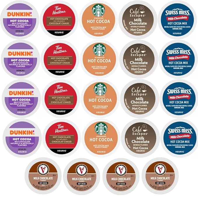Milk Chocolate Hot Cocoa K-Cups Pods Variety Sampler. Includes Swiss Miss, Cafe Escapes, Starbucks, Tim Hortons, Victor Allen's and Dunkin. 24 Count