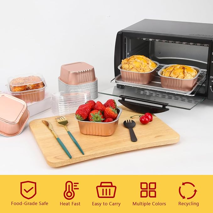 120pack 5oz Mini Cake Pans with Lids,LNYZQUS Foil Cupcake Cups Small Brownie Baking Tins,Square Disposable Ramekins Mini Cheesecake Containers Muffin Holders-Champagne