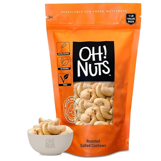 Oh! Nuts Cashews Roasted Salted - 1 lb - Oven Dry Roasted Cashews - Packed in New York Zip-Seal Bag for Exceptional Freshness