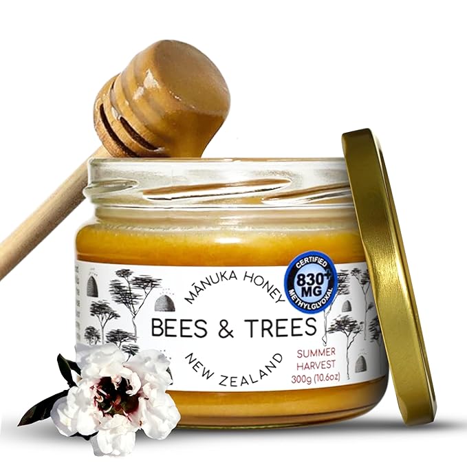 Bees & Trees Manuka Honey 830+ MGO – Pure New Zealand Raw Monofloral Honey – Unpasteurized & Natural – 300g (10.6oz) Glass Jar – Perfect for Coffee, Tea & Daily Wellness