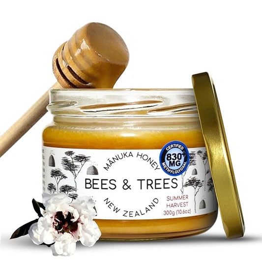 Bees & Trees Manuka Honey 830+ MGO – Pure New Zealand Raw Monofloral Honey – Unpasteurized & Natural – 300g (10.6oz) Glass Jar – Perfect for Coffee, Tea & Daily Wellness