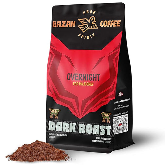BAZAN COFFEE Vietnamese Strong Coffee, Premium Robusta & Arabica Ground, Full-Bodied Dark Roast, Smooth & Low Acidity, Ideal for Milk Drinks & Home Baristas, Bold Espresso Flavor, 12oz Bag, Overnight Blend