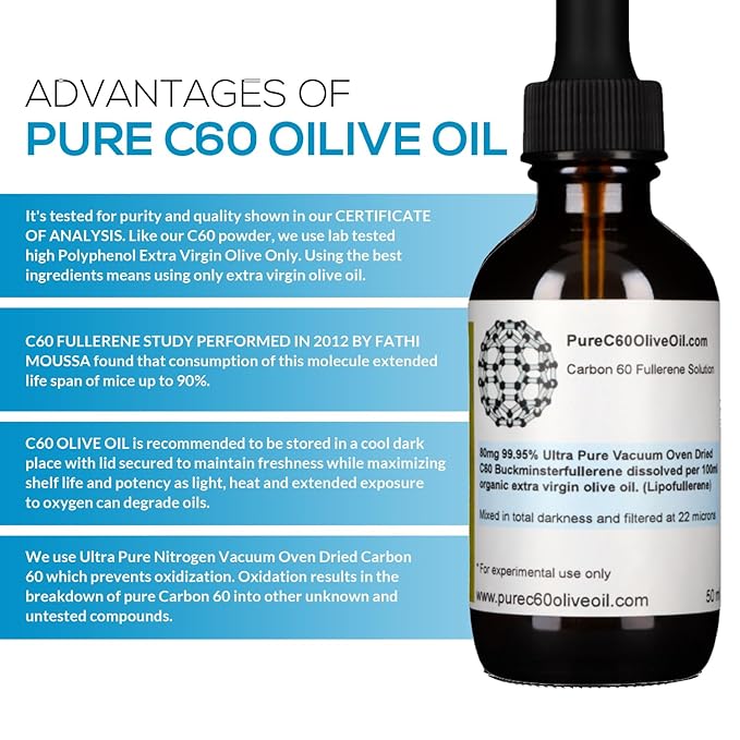 PureC60OliveOil C60 Olive Oil 50ml / 1.7 Fl Oz - 99.95% Carbon 60 Solvent Free 40mg - Amber Glass Bottle - Food Grade - Carbon 60 Olive Oil - From The Leading Global Producer