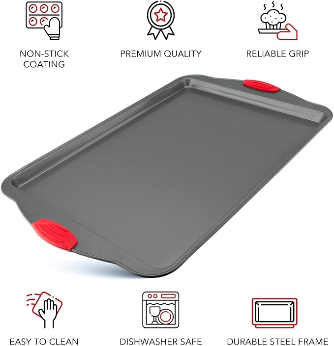 Boxiki Kitchen Non-Stick Baking & Cookie Sheet Pan Non-Toxic 11x14 Inch Rimmed Carbon Steel Baking Sheet. Dent, Warp and Rust Resistant. Heavy Gauge Steel Oven Baking Sheet. 1 Tray.