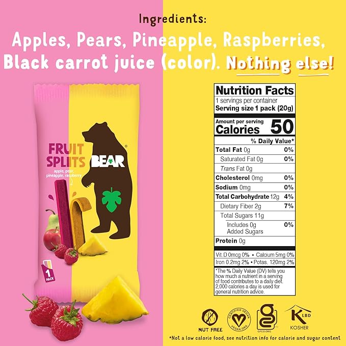 BEAR Real Fruit Snack Splits - Gluten Free, Vegan, and Non-GMO - Raspberry and Pineapple ??Healthy School And Lunch Snacks For Kids And Adults, 0.7 Ounce (Pack of 18)