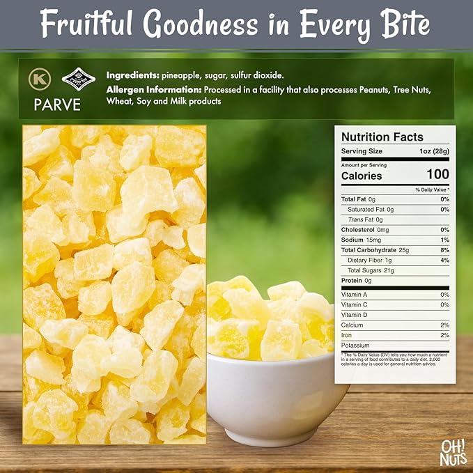 Oh! Nuts Dried Pineapple - 1.5 LB - Dried Fruit Diced - Less Sugar Added - Dehydrated Fruit Bites - Packed in New York Zip-Seal Bag for Exceptional Freshness