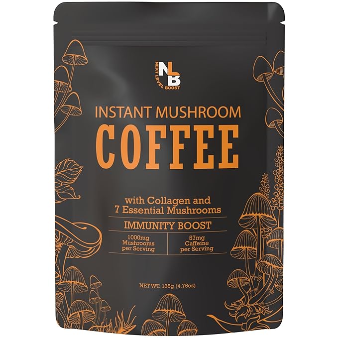 Immunity Boost Organic Mushroom Instant Coffee - 135g, 15 Servings Pouch - Healthy Coffee alternative and Substitute - With Chaga, Collagen, Lions Mane and Antioxidants