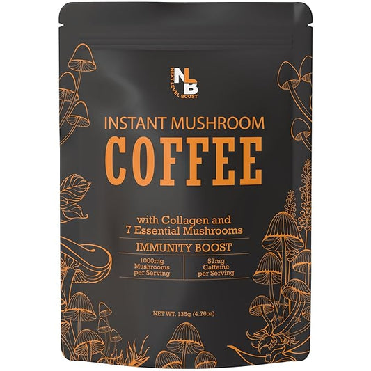 Immunity Boost Organic Mushroom Instant Coffee - 135g, 15 Servings Pouch - Healthy Coffee alternative and Substitute - With Chaga, Collagen, Lions Mane and Antioxidants