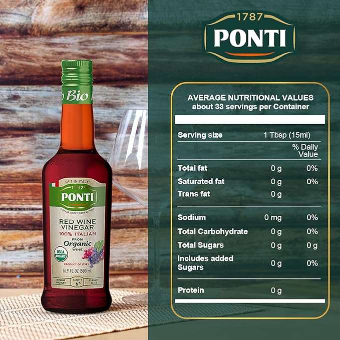 1787 PONTI Organic 100% Italian Red Wine Vinegar - Balanced Acidity and Harmonious Bouquets - Delicious with all Types of Salads, Seafood and Dark Meats - A Wonderful Addition to Baked Dishes - 16.9 Fl.Oz