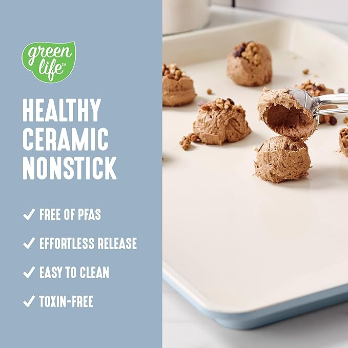GreenLife Bakeware 18??x 13??Half Cookie Sheet Baking Pan, Non-Toxic PFAS-Free Healthy Ceramic Nonstick, Oven Safe to 450°F, Easy Release, Even Heating, Easy Clean, Blue Haze