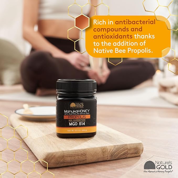 Nature’s Gold Raw Manuka Honey with Australian Native Bee Propolis, MGO 514+ | 8.8oz (250g), 100% Pure Genuine Traceable Hive to Home