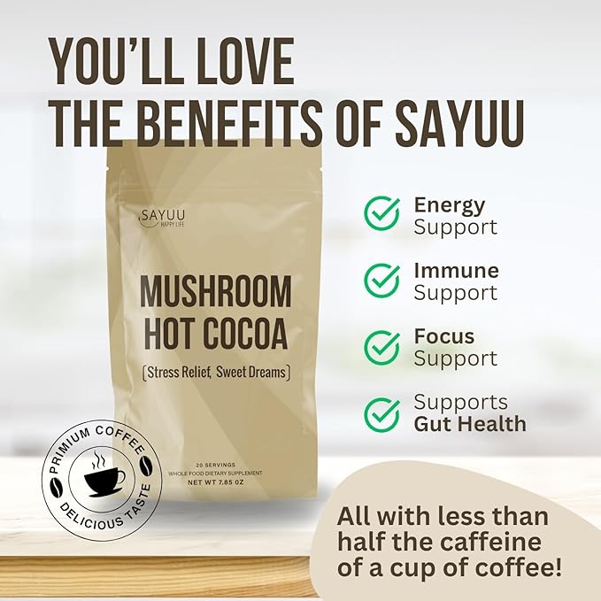 SAYUU Mushroom Coffee Hot Cocoa Mix ?“Instant Coffee Blend Enriched with Reishi, L-Theanine, Melatonin, Rich Cacao Flavor, Gut & Immune Health Support, Quick & Easy Bedtime Drink - 20 Servings