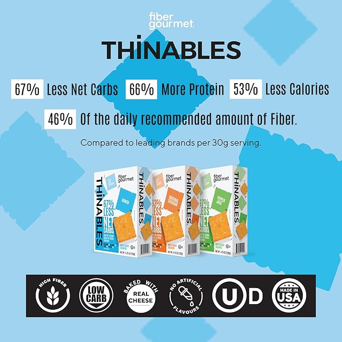 Fiber Gourmet Ranch Thinables Baked Cheese Crackers – Low Calorie, High Fiber Snack – 6g Net Carbs, 70 Calories, 13g Fiber, 5g Protein – Kosher, Made in USA with Real Cheese - 4.25 oz, Pack of 6