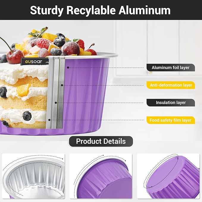 EUSOAR Baking Cups Aluminum Foil, 5oz 50pcs Reusable Cupcake Cups with Lids, 3.34"x2.59"x2.35" 125ml Pie Ramekins, Desserts Flans, Creme Brulee Cups, Pudding Jello Cups, Catering Party Favor-Lavender